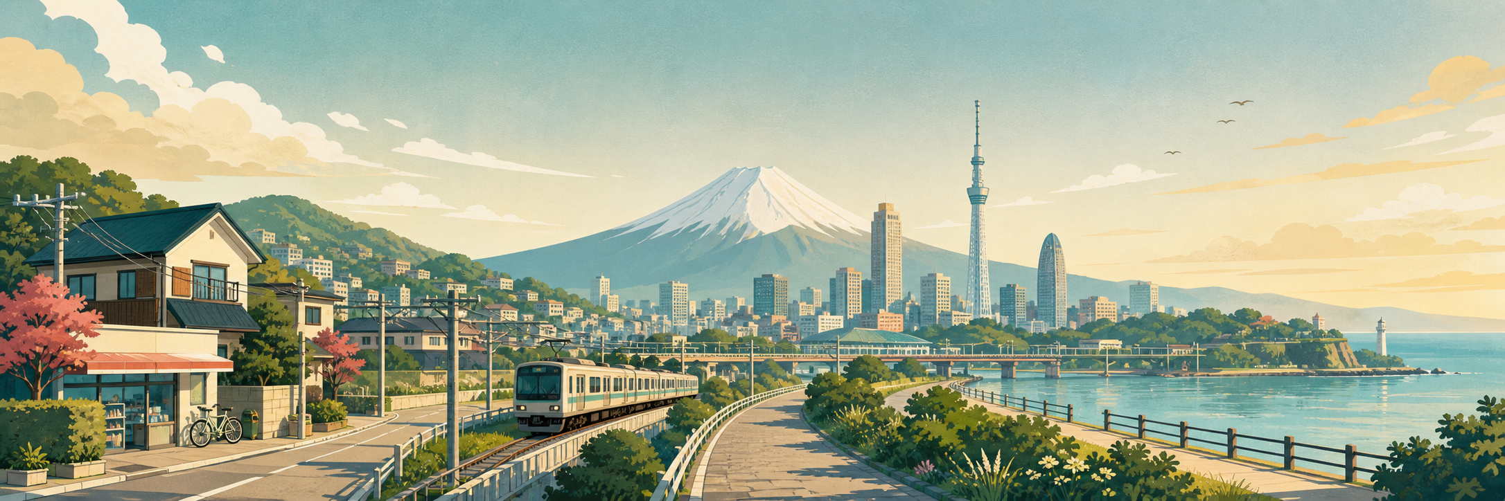 An original panorama of everyday life and travel in Kanto with Mount Fuji.